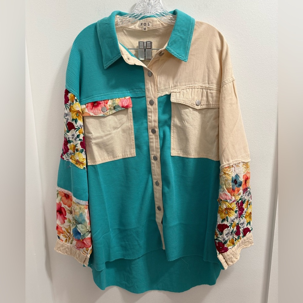 POL Colorblock Teal and Cream Floral Sleeve Button-Up Top